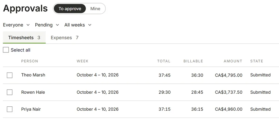 The Approvals page with To approve selected: three people's submitted weeks, each with total and billable hours, amount and state
