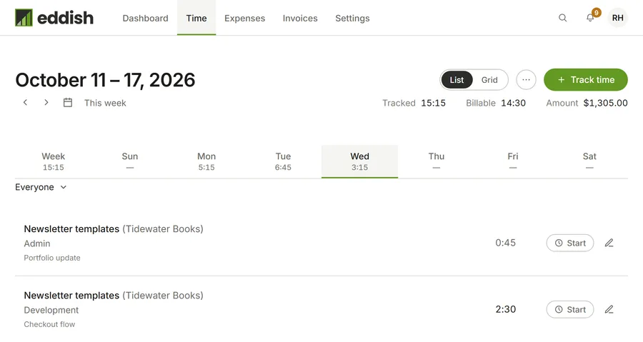 The Time screen in Eddish: a week of entries with tracked, billable and amount totals